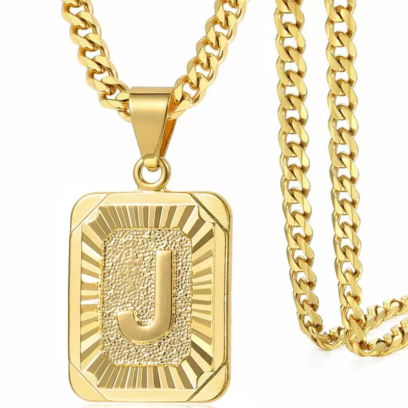 18-Gold Plated Square Initial Necklace - Cuban Link Chain, Customizable Name Chain, Cool Gifts for Guys, A-Z Capital Monogram G Lettering Necklaces for Men, Customizable Name Chain Necklaces