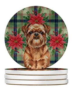 Carolines Treasures WDK8548RCS4 4 x 4 in. Red Brussels Griffon Christmas Poinsettias Large Sandstone Coasters, Pack of 4
