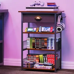 4-tier AV media rack with drawers, video game console shelf with 2 hooks, tower-style design for audio equipment, suitable for Xbox/PS5/Switch/game consoles/DVD/record players/projectors/set-top boxes/TV accessories
