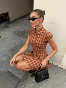 Elegant Casual Plaid Shirt Dress, Bubble Short Sleeve Notch Lapel Front Button, Waist Cinched A-Line Shape, Slimming Fit for Daily and Streetwear