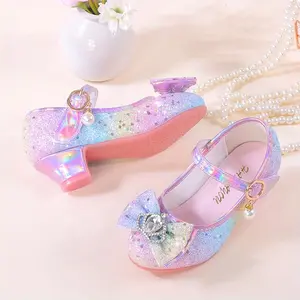 Sparkly Rainbow Princess High Heels for Girls with Glittery Pink & Purple Dress Shoes, Non-Slip Rubber Sole, and Pearl Rhinestone Embellishments