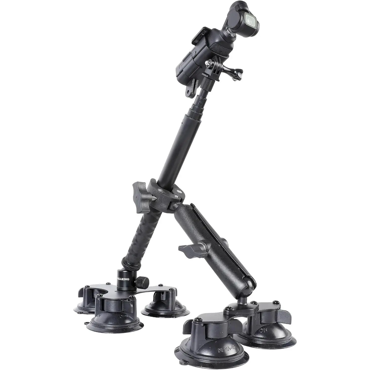 PellKing 5-Suction Cup Dual-Arm Hybrid Car Mount - Aluminum Alloy, 360-Degree Rotation, Vibra-Free Rig for DJI Osmo Pocket 4/3, GoPro 13/12/11/10/MAX 2, DJI OSMO Action Cameras - Drone-Style Low-Altitude Shots, Car Commercials Use, Manufacturer Warranty,