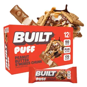 Official BUILT Bar, Puff Protein Bar Snack, Peanut Butter S'mores Chunk Puff, 15g Protein, 170 Calories, Collagen, Soft, Marshmallow-y Texture, 12 Count Box
