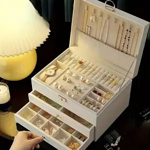 3-Layer PU Leather Jewelry Box with Drawers, Large Capacity Organizer Case for Necklaces, Earrings, Rings & Watches