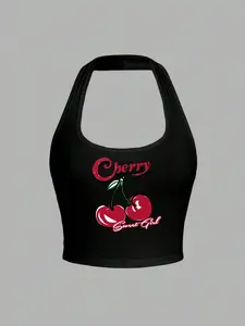 SHEIN EZwear Women's Slim-Fit Halter Top – Casual Summer Cherry Pattern Sweet Girl Style