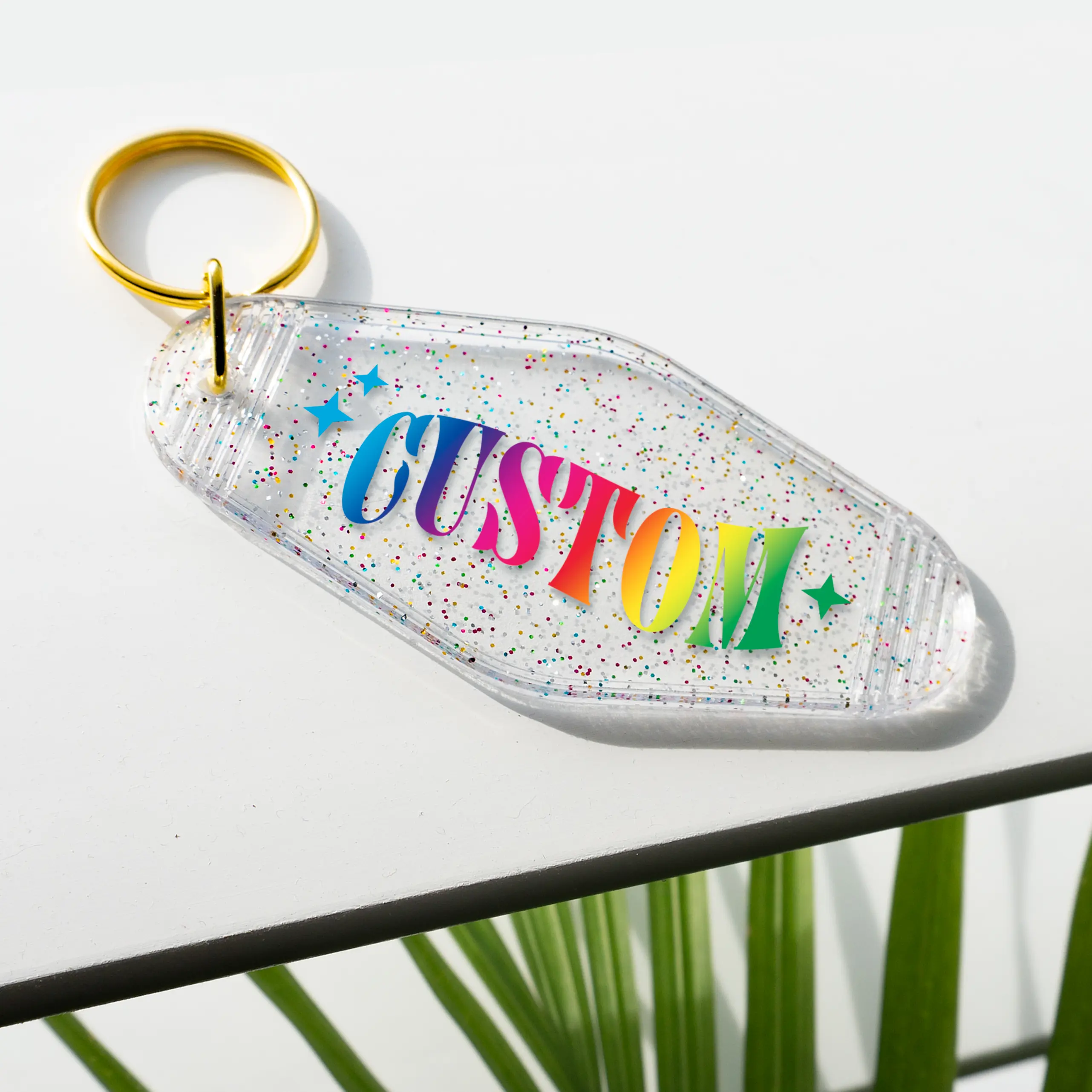 Personalized Retro Motel Keychain - Glitter Business Custom Name Keychain Text Double Ring