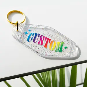 Personalized Retro Motel Keychain - Glitter Business Custom Name Keychain Text Double Ring