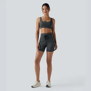 【Creator’s Pick】Halara 2-Piece Low Support U Neck Cut Out Stripe Yoga Sports Bra & High Waisted Drawstring Striped Yoga Biker Shorts 5'' with Pockets Set