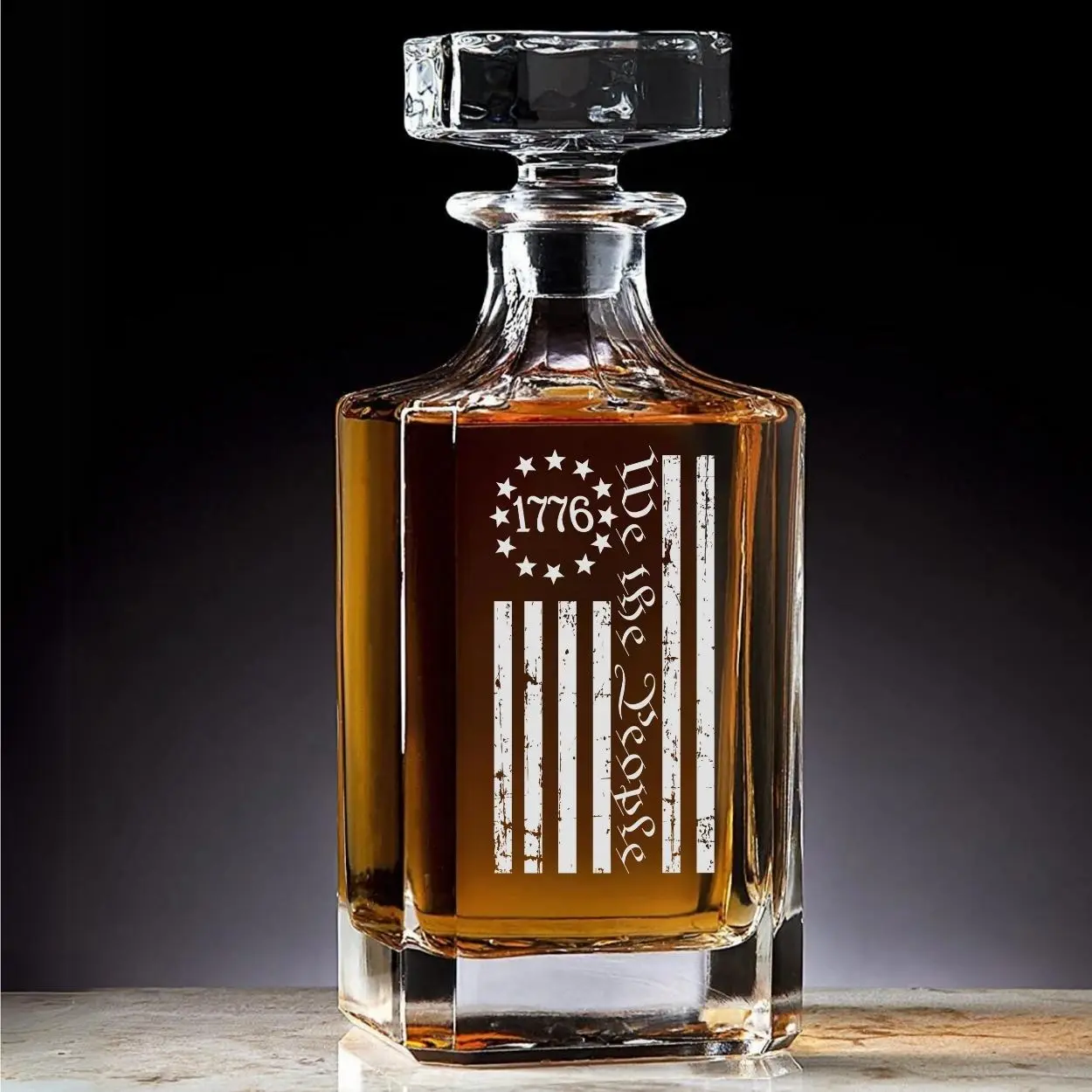 We The People 1776 Laser Engraved American Flag 750ml Decanter & Rocks Glass - Kitchenware Drinkware Set, None