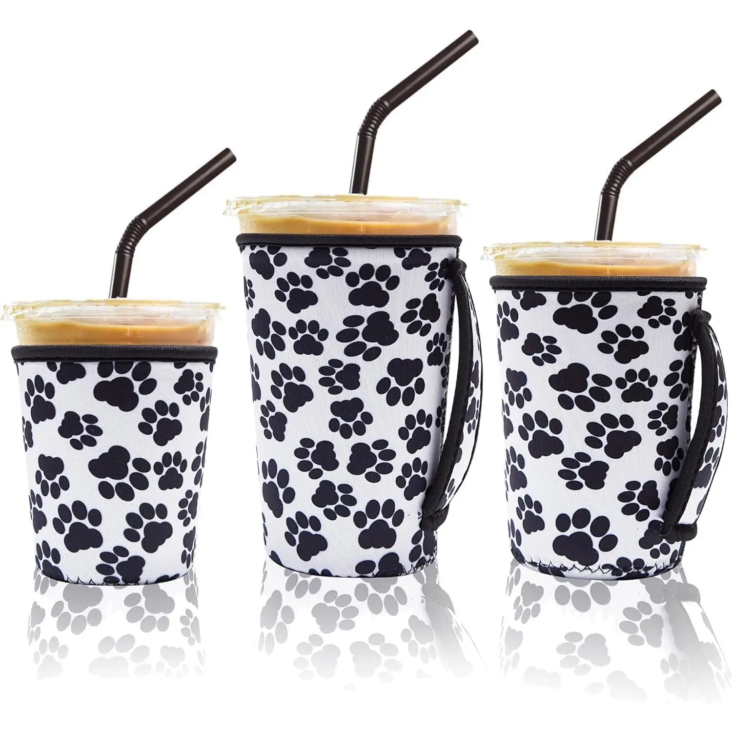 3 Pack Iced Coffee Sleeve Insulator Sleeves for Cold Drinks Beverages  Neoprene Cup Sleeve with Handle Cup Holder for  Coffee, Dunkin Coffee, More (Black and white paw print)