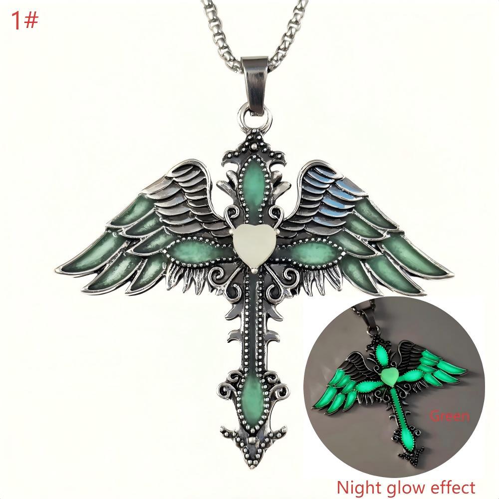QIMENGLAI Winged Cross Luminous Pendant Necklace, Unique Versatile Eco-Plated Anti-Allergy Titanium Steel Chain, Glow-in-Dark Casual Wear Adjustable Gold Vacuum Birthstone Jewelry for Men Women