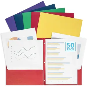 50 Two Pocket Folders with Prongs Bulk, 3 Prong Folders with Pockets Bulk, Paper 2 Pocket, Designed for Office and Classroom Use, Assorted 5 Colors