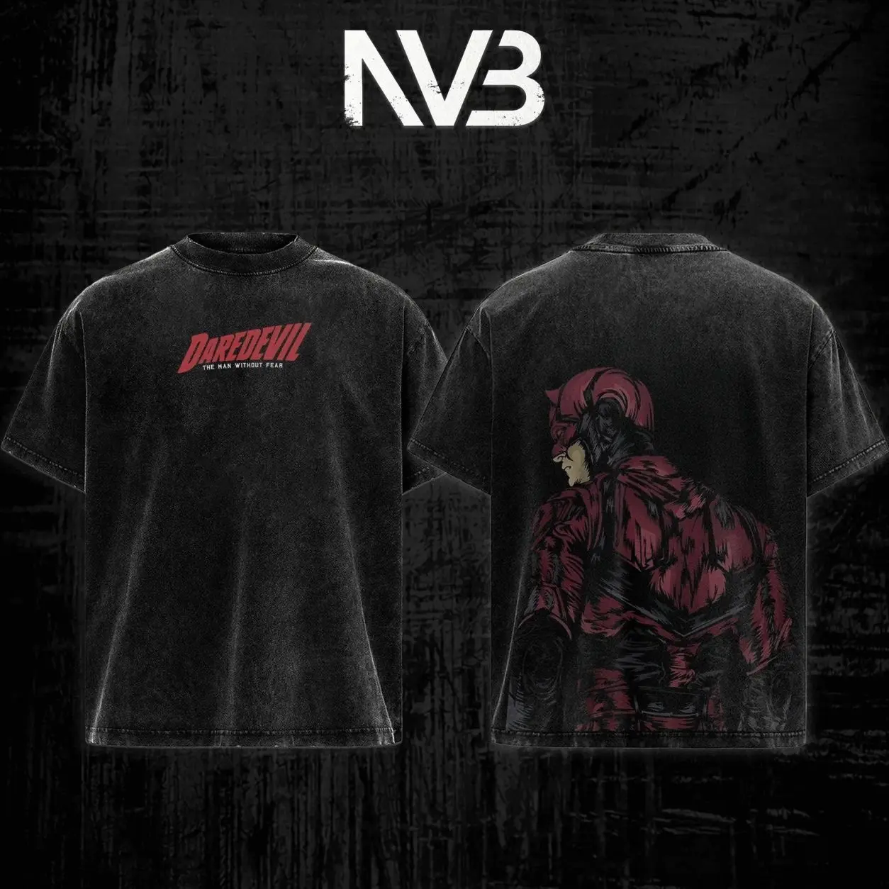 Daredevil MCU Matt Murdock Graphic T-Shirt, Soft Heavyweight Cotton Faded Black Tee, The Man Without Fear Double Printed Graphic Design Top Cotton Streetwear, Oversized Grunge Trendy Apparel Menswear Womenswear Clothes 14N
