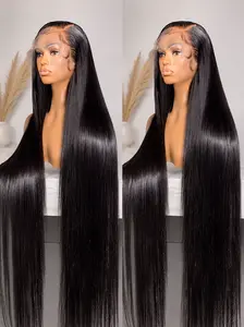 100% Human Hair Straight Full Frontal Wig, 13x4 Transparent Lace, 180 Density Human Hair Wig for Women