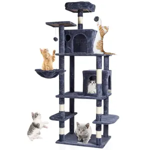 VEVOR Cat Tree for Indoor Cats, 56.2 Cat Tower with Cat Condo, Sisal Scratching Post, Hammock, Top Perch, Jumping Platforms, Large Cat House with Hang Ball, Cat Furniture Activity Center, Light GreyVEVOR Super Brand Day