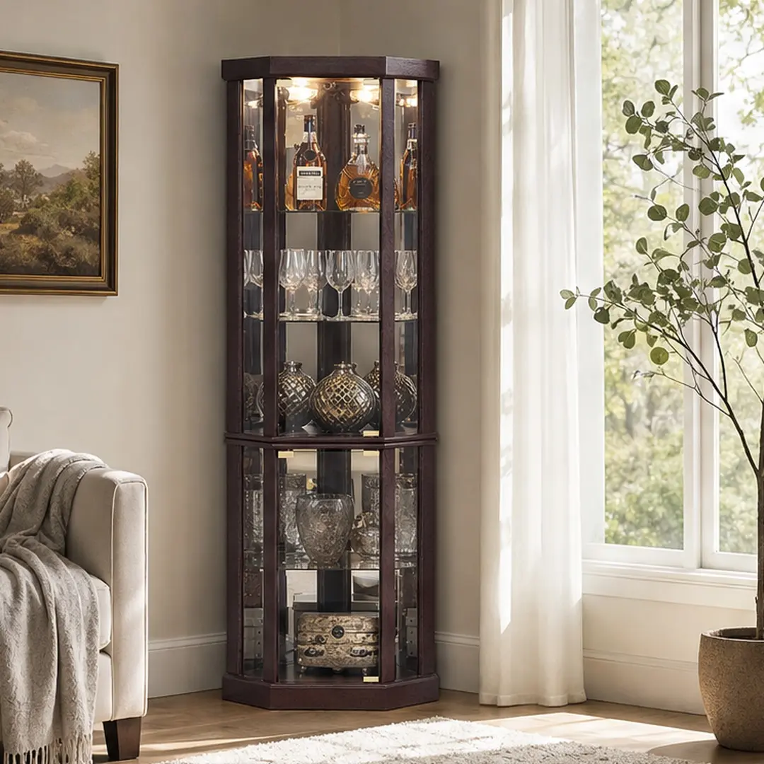 Arched Glass Cabinet - Corner-Mounted, Glass-Fronted, Shelf, Tall Lighted Curio with Adjustable Shelves, Mirrored Back, Dark Cherry MDF, Included Light, Cherry Options, for Living Room Antique Storage, Arched Glass Cabinets, Corner-Mounted Glass Cabinets