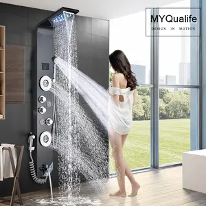 Lue's House Black LED Light Shower Faucet Bathroom SPA Massage Jet Shower Column System Waterfall Rain Shower Panel Bidet Sprayer Tap