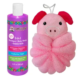 Piggy Bathtime Bubbles Bundle - 3-in-1 Shampoo Body Wash Bubble Bath & Piggy Pouf Bath Loofah - Cruelty-Free Vegan - Funky Fruit Scent - Gentle on Sensitive Skin