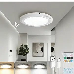 Rechargeable Motion Sensor Ceiling Light, USB-Powered with Remote Control, 3-Color Dimming, Mosquito-Proof, Energy-Saving Indoor LED Lighting Ideal for Wardrobes, Shower,Staircases,Storage,Corridors,Porches,Terraces, Living Bathroom Home & Kitchen Decor