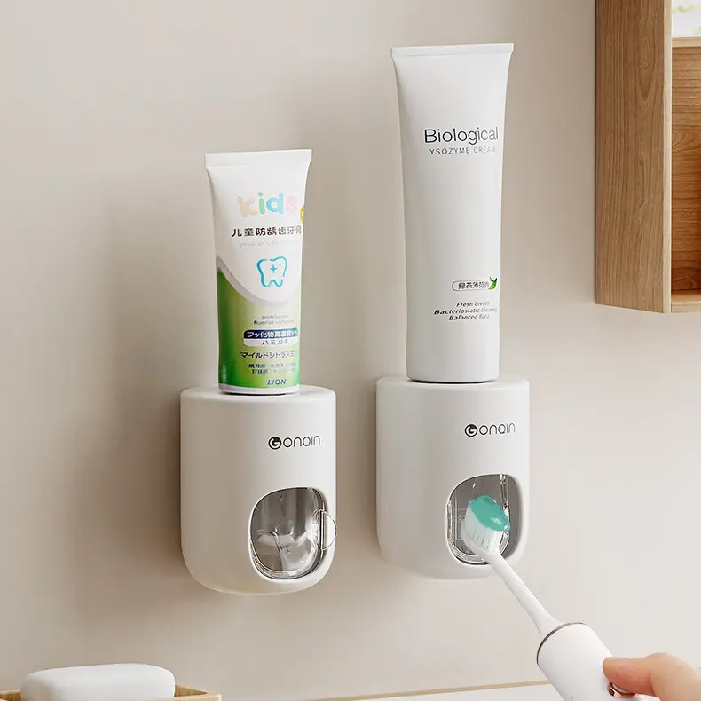 Modern ABS Plastic Silicone Fully Automatic Toothpaste Dispenser Set - Wall-Mount Sticky Hook, No-Drill Household Bathroom Toothbrush Holder Squeeze Tool
