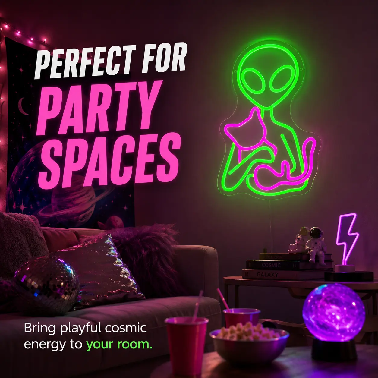 Green Alien LED Neon Sign - USB-Powered Acrylic UFO Novelty Lamp, Indoor Room Decor for Gaming Room, Space Lovers Gift