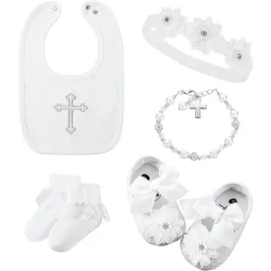 KF5-JLY004 5 Pcs Baptism Bib for Baby Girl white Christening Sock Shoes Headband Cross Charm Bracelet Baptism Outfits Gift
