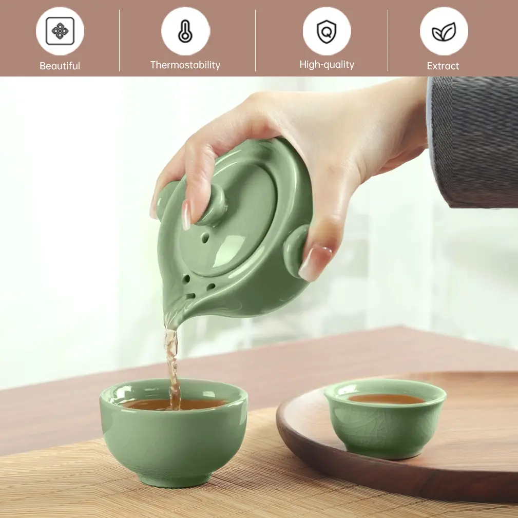 Mleuxvics Chinese Travel Tea Set with Case, Ceramic Gongfu Tea Sets for Adults with 2 Cups All in One, Portable Kungfu Teapot Set Traditional for Office, Home, Picnic, Outdoor (Green)