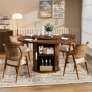 Round Dining Table 55 Inch Seats Six Double Tier Storage Rack Rotating Tray Wooden Wavy Striped Sliding Doors Home Dining Room Living Room Walnut Kitchen Furniture Modern Family Gathering Table