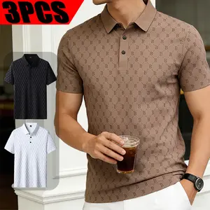 3-Pack Men’s  Ice Silk Breathable Lightweight Polo Shirts with Letter Print, Simple Versatile Turn-Down Collar, Short Sleeve, for Home/Loungewear and Light Business