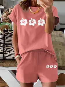 Two-Piece Set Women's Floral Print Tee & Shorts, Casual Short Sleeve T-shirt & Shorts for Summer, Ladies Clothes for Daily Wear