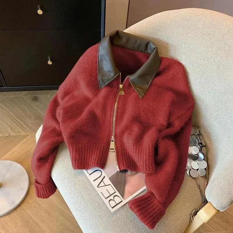 Spliced Leather Collar Knit Sweater Fashion Double Zipper Cardigan Women's Autumn/Winter New Soft Vintage Long Sleeve Streetwear Knitwear Womenswear