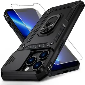 Case for iPhone 13 Pro Max with Slide Lens Cover, HD Screen Protector, Drop Protection, Magnetic Rotated Ring Holder Kickstand Phone Case (Black)