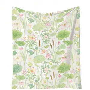 1 Piece Watercolor Lotus Pond Throw Blanket, HD Digital Single-Sided Printed Flannel Blanket, Super Soft Cozy Plush Warm Gift Blanket for Sofa Bed Travel Camping Decor