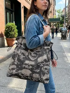 Skull Pattern 2D Printed Drawstring Tote Bag, Large Capacity Shopping Bag, Durable and Wear-Resistant, Suitable for Work, Shopping, Picnic