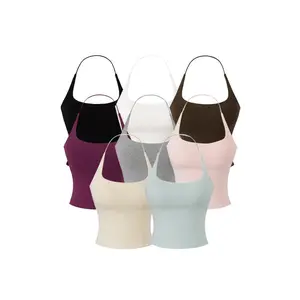 2026 Hot Girl Elastic Slim Fit Short Fleece Halter Neck Tank Top for Women with Removable Chest Pads and Tight Fit