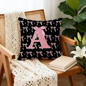 45x45cm 1Pcs Black & Pink Bow Letter Trendy Print Throw Pillow, Machine Washable Soft Skin-friendly Good Resilience, Suitable for Girly Living Room Sofa Decor (With Pillow Insert)