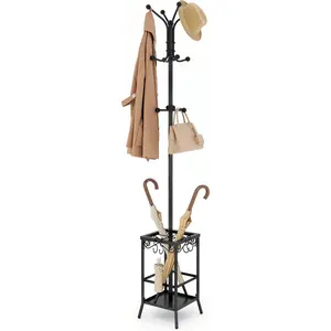 Coat Rack Freestanding, Coat Tree with Umbrella Holder, Metal Coat Rack Stand with 12 Hooks, Standing Coat Hanger Stand, Umbrella Stand for Entryway, Hat Rack Stand for Home Office, Black
