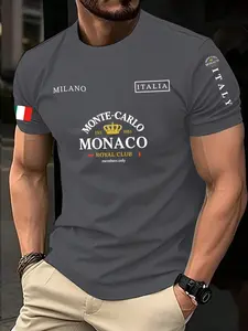 Men's Monaco Monte Carlo Royal Club Print T-Shirt, Italian Milan Flag Theme Casual Short Sleeve, Luxurious Monaco Print Top