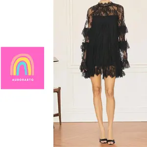 Women’s Black Lace Dress with Long Sleeves and Stand Collar