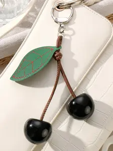 Leather Fruit Cherry Leaf Charm Set, Multicolor Chain Resin Rhinestone Pendant, DIY Bag Decoration for Vacation Style, Backpack Bag Charms
