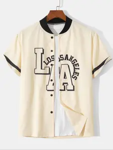 Men's Letter Print Baseball Collar Shirt, Regular Fit Casual Short Sleeve Top for Summer, Men's Clothes for Daily Wear, Menswear, Sports Top, Sportswear Clothing, Vintage Basketball Jersey
