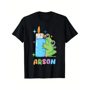 Mens Humorous Arson Frog Matchstick Flames Graphic Tee Soft Breathable Black Shirt with Pyro Comic Design Ideal Gift for Dark Humor Enthusiasts and Comedy Fans