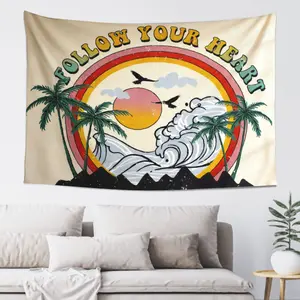 Follow Your Heart Light Peach Coastal Tapestry - Outdoor Artistic Boho Aesthetic Coastal Casual Artwork Print Tapestry, Hippie Surf Wall Hanging for Bedroom Beach Room Home Decor, Outdoors, Artistic Tapestry Tapestries