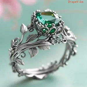 Nature Inspired Wish Totem Ring Vintage Alloy Inlaid Green Crystal Bohemian Stackable Statement Ring