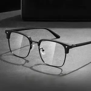 Men's Retro Half-Rim Glasses - Non- Glasses with Clear/Non- Lens Options, Non- Glasses for Large Eyes, Glasses for Small Faces, Non- Glasses for Men's Fashion - Bold Black Frame with Clear/Non- Lens, Semi-Rimmed Glasses