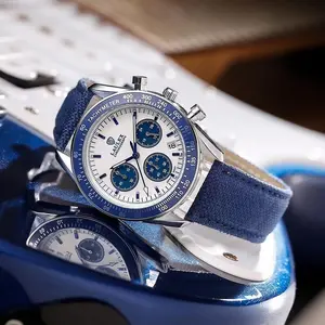 new design fashion white dial three blue counter watch with chronograph function watch