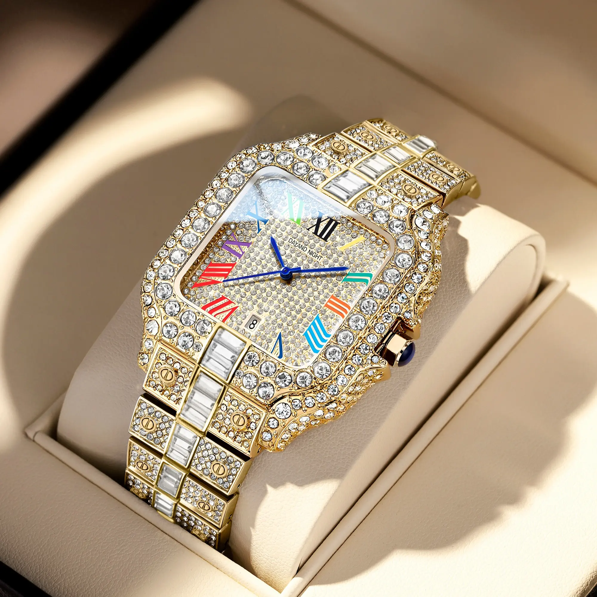 Men's Business Fashion Quartz Watch, Luxury Iced-Out Stainless Steel Square Dial with Roman Numerals, 42mm 30M Water Resistant, Analog Quartz Watches, Business Fashion Watches