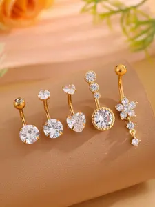 5pcs Elegant Belly Button Rings Set 14G 316L Stainless Steel Golden Heart Cubic Zirconia Belly Button Rings, Cute Body Piercing Jewelry for Women Daily Wear