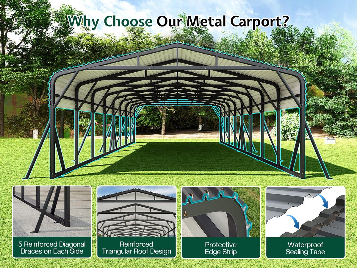 VanAcc 20x30 FT/20x40 FT Heavy Duty Metal Carport, All-Weather Steel Car Shelter with Galvanized Roof, Reinforced Frame and Enhanced Base for Outdoor Garage or Parking