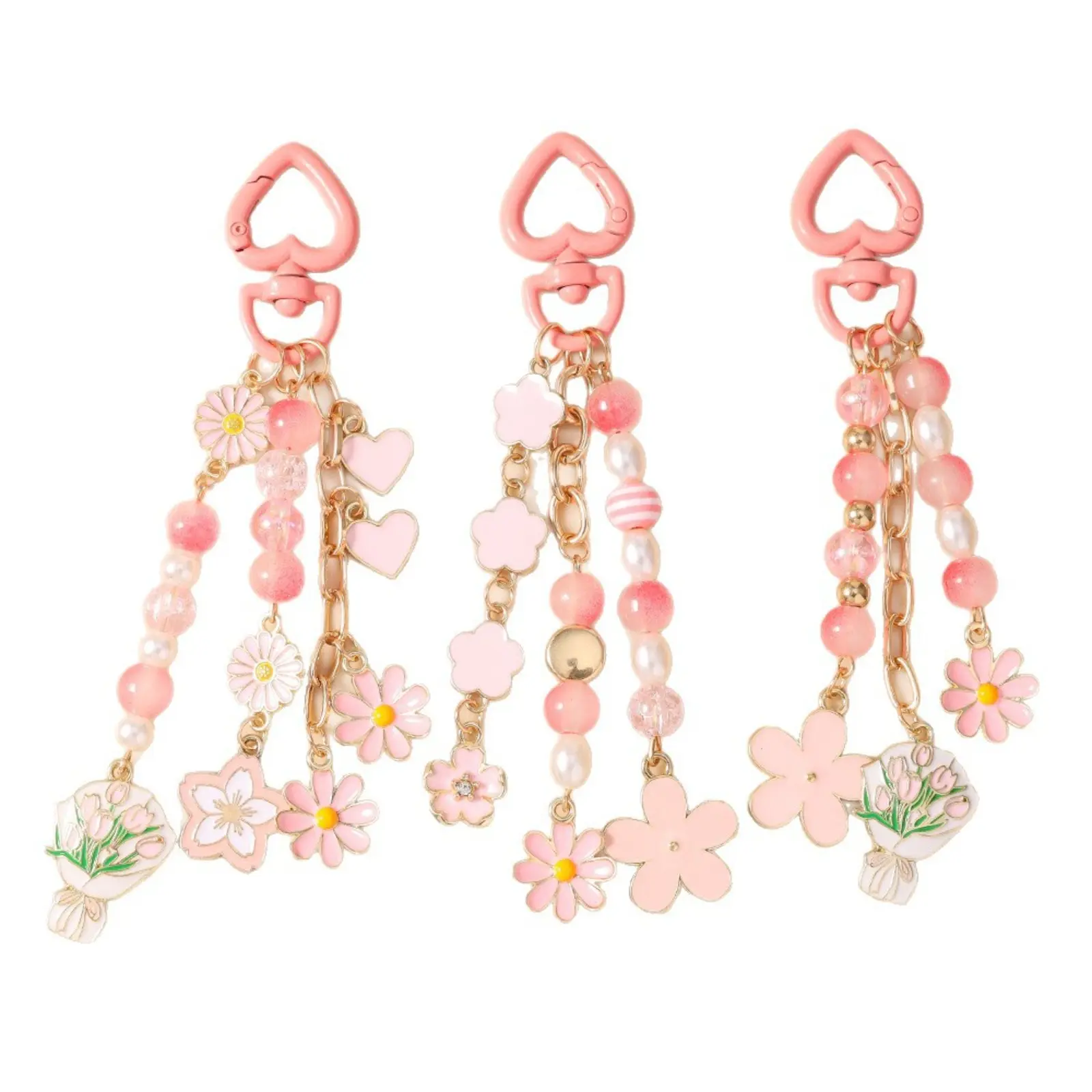 Kawaii Floral Bag Charm, Striped Cotton Crochet Accessory with Tulip & Daisy, Heart Beads for Handbags, Purses & Luggage, Keychain Accessory, Kawaii Accessories,back to school,back to school haul